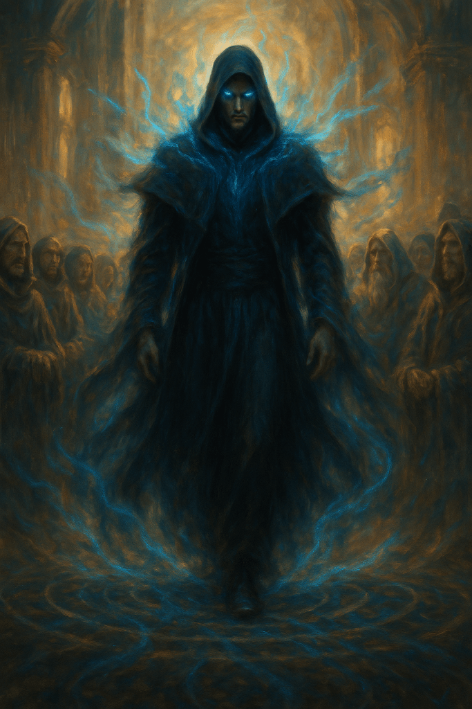 A cloaked figure exuding magical energy stands at the center of a dimly lit chamber, surrounded by a group of hooded onlookers. The figure's blue eyes glow intensely, hinting at a powerful presence in a mystical setting.