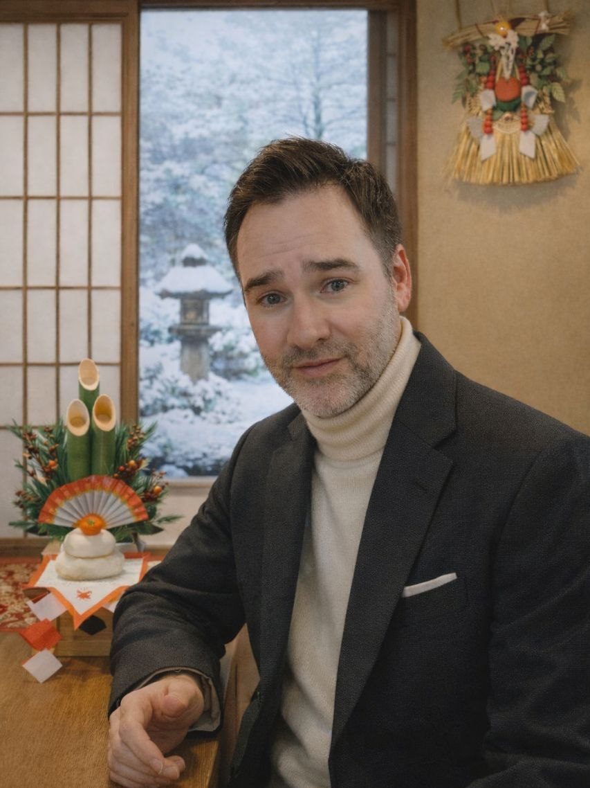 A man in a formal outfit sits at a wooden table with a winter landscape visible through the window behind him. Decorative elements, including a traditional Japanese ornament, are present on the table.